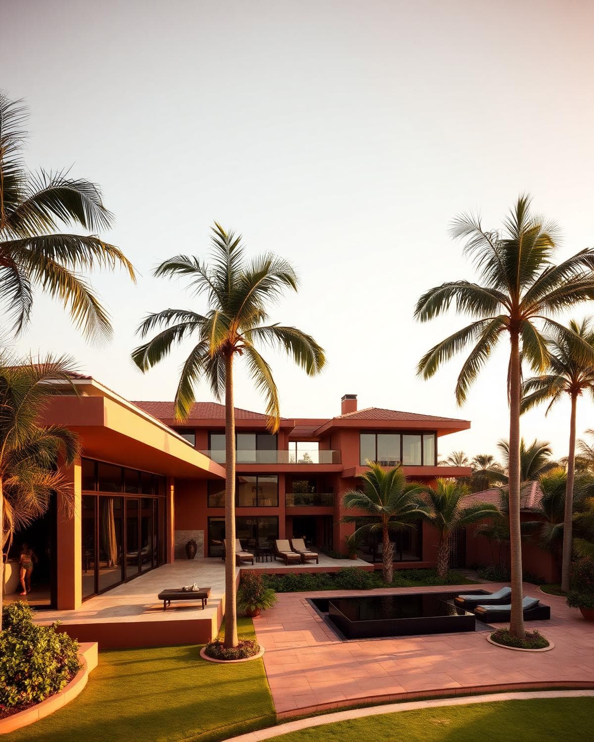 Luxury eco-smart villa in Nigeria at golden hour with palm trees